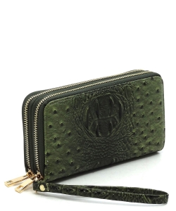 Ostrich Croc Double Zip Around Wallet Wristlet OS0012 OLIVE